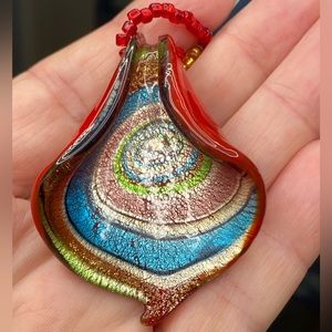 Decorative Glass Pendant with Double Strand Beaded Chain Necklace